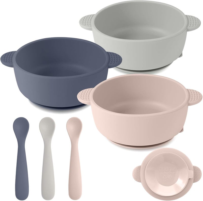 Eascrozn Silicone Baby Feeding Set, 3 Pack Baby Bowls with Suction and 3 Pack Baby Spoons for Babies Toddlers Kids, BPA Free, Baby Utensils Feeding Supplies, Microwave and Dishwasher Safe - Image 1
